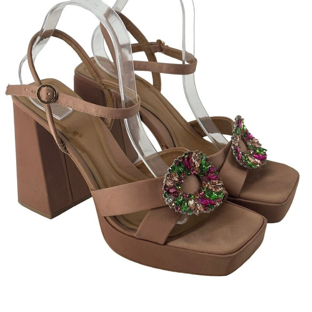 ZARA Rhinestone Embellished Platform Sandal Chunky Heel Sz 41 US 10.5 Tan Satin